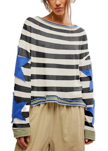Y2k Oversized Graphic Stripe Sweatshirt for Women Long Sleeve Drop Shoulder Crewneck Shirt Tops Vintage Fall Clothes | Amazon (US)