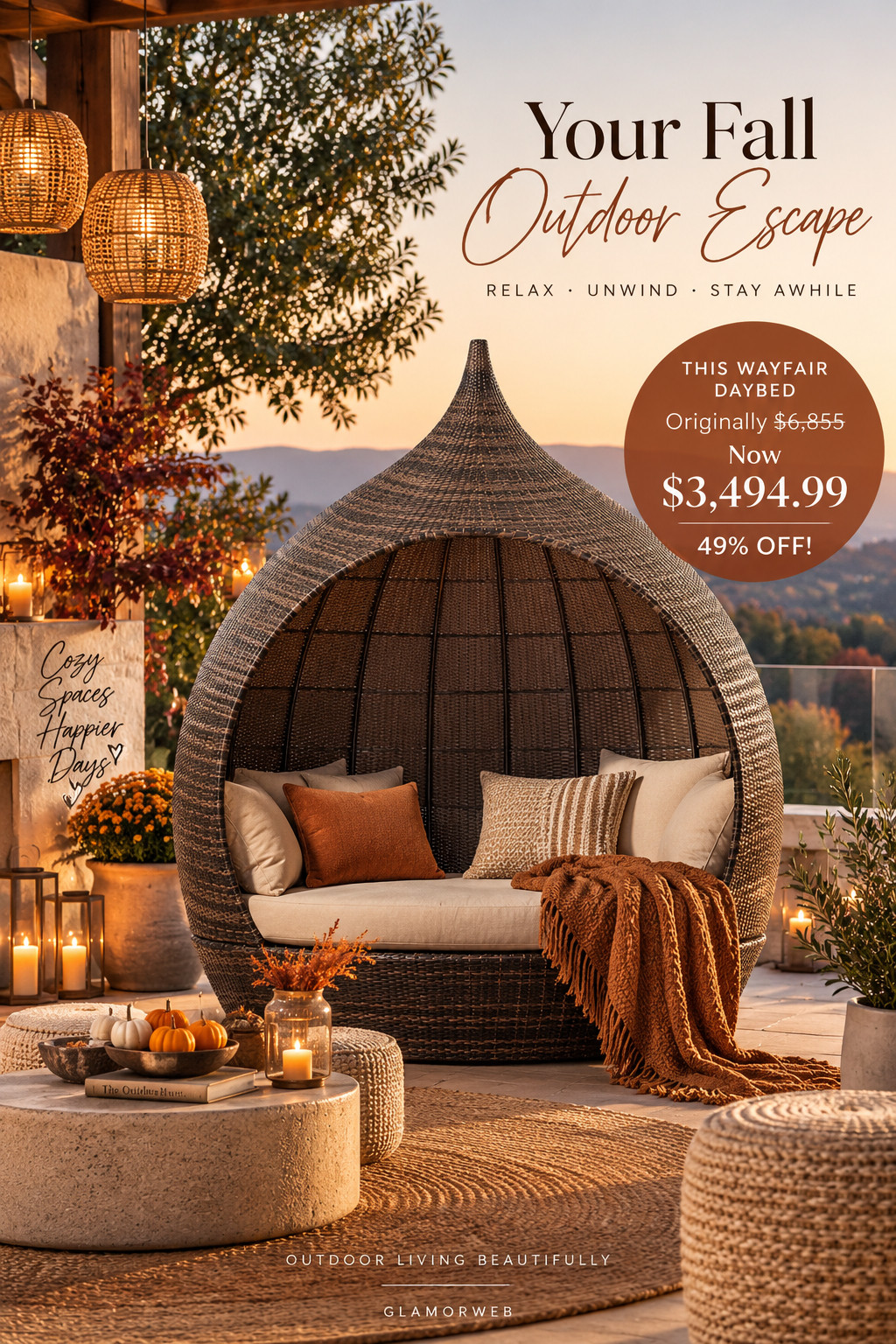 Obsessed with this cozy fall patio moment 🍂 This Wayfair 85.4" Wide Curved Wicker Patio Daybed is such a statement piece for creating that dreamy outdoor lounge look. The oversized woven design, soft cushions, warm fall pillows, chunky throw, lanterns, and neutral decor make the whole space feel so luxe and inviting.

Even better, it was $6,855 and is now $3,494.99 — 49% off! Such a gorgeous find for a fall patio refresh, covered porch, backyard retreat, or cozy outdoor reading spot.

#WayfairFinds #WayfairSale #PatioDaybed #OutdoorDaybed #FallPatio #FallPatioDecor #PatioFurniture #OutdoorFurniture #CozyPatio #BackyardInspo #OutdoorLiving #PatioMakeover #FallHomeDecor #LuxuryPatio #WickerFurniture #OutdoorLounge #BackyardDecor #PatioInspo #FallOutdoorDecor #HomeFinds 

 #LTKSeasonal #LTKHome #LTKSaleAlert