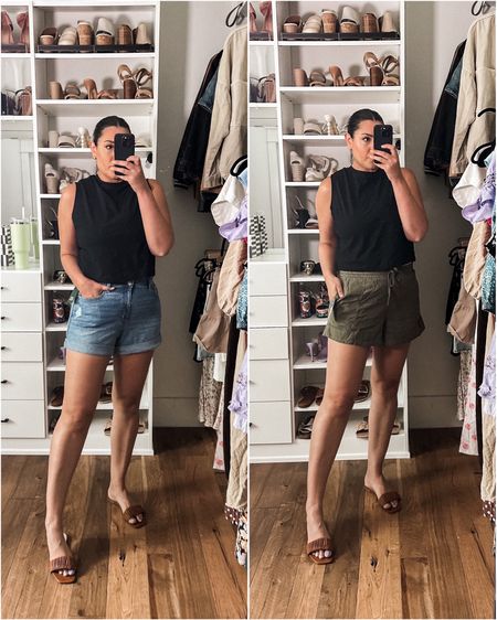 Love these shorts and tank from Target! 

I’m in The large of the tank, tts!

I’m in the large of the olive drawstring utility shorts. TTS, relaxed fit.

I’m in the 10 of the denim shorts. Size up if in between sizes!