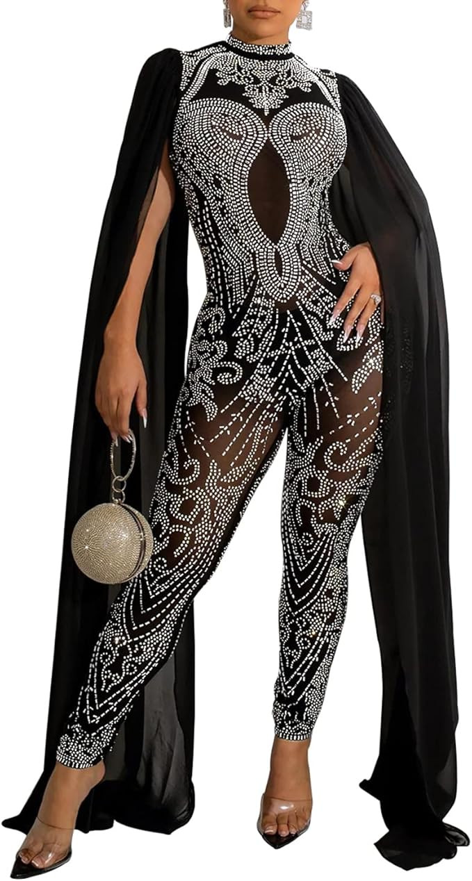 PORRCEY Women Sexy Elegant Hot Drilling Process Jumpsuit Bodycon Party Club Night Outfit Mesh See... | Amazon (US)