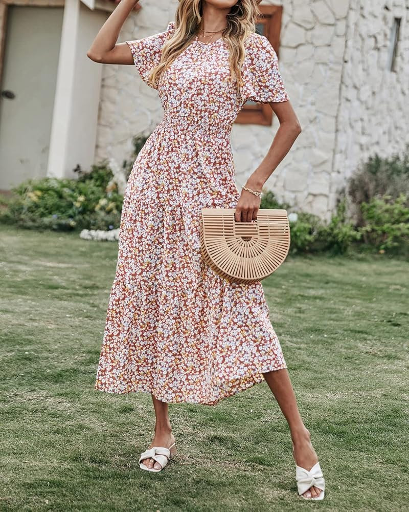 PRETTYGARDEN Women's Summer Casual Short Flutter Sleeve Round Neck Smocked Waist Tiered Boho Floral  | Amazon (US)