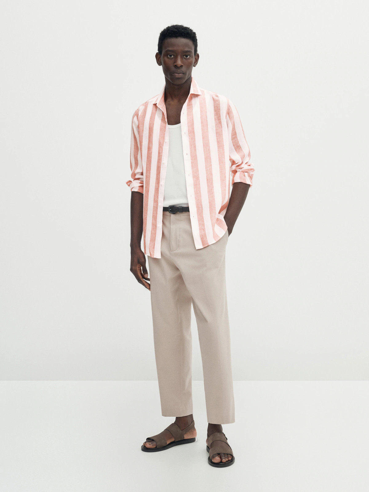 Meliertes Slim-Fit-Hemd aus Leinen mit breiten Streifen | Massimo Dutti DE