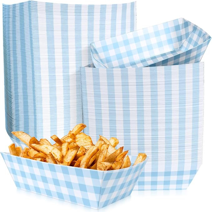 100 Pcs Blue Gingham Paper Food Trays, Pre-Folded Light Blue Checkered Disposable Food Boats for ... | Amazon (US)