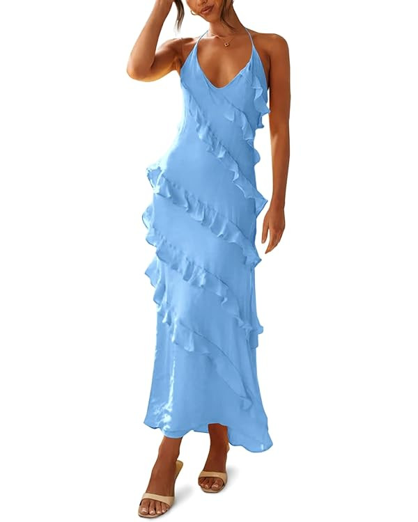 Wenrine Womens Sexy Chiffon Halter Maxi Dress Sleeveless Backless Ruffle Tassel Party Club Dresse... | Amazon (US)