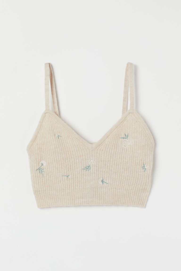 H & M - Knit Crop Top with Embroidery - Beige | H&M (US + CA)