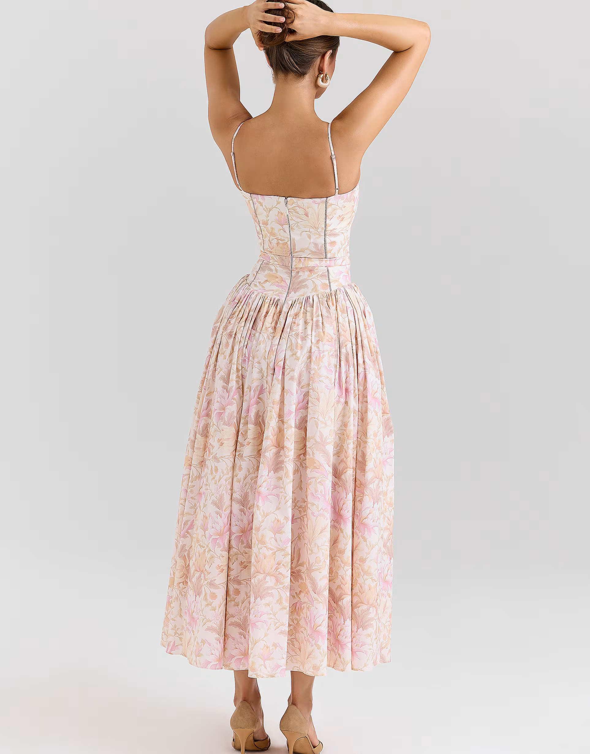House of CB Ysabella peach floral print stretch cotton midi sundress in peach floral | ASOS (Global)