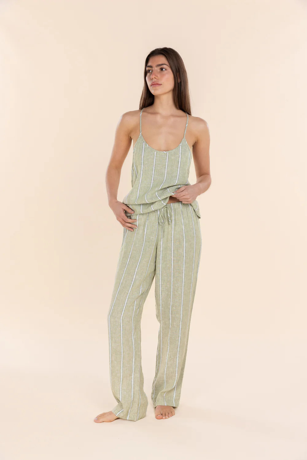 Zoey Linen Long Lounge Pants Olive Stripe | Women’s Resort Loungewear | Gingerlilly (AU)