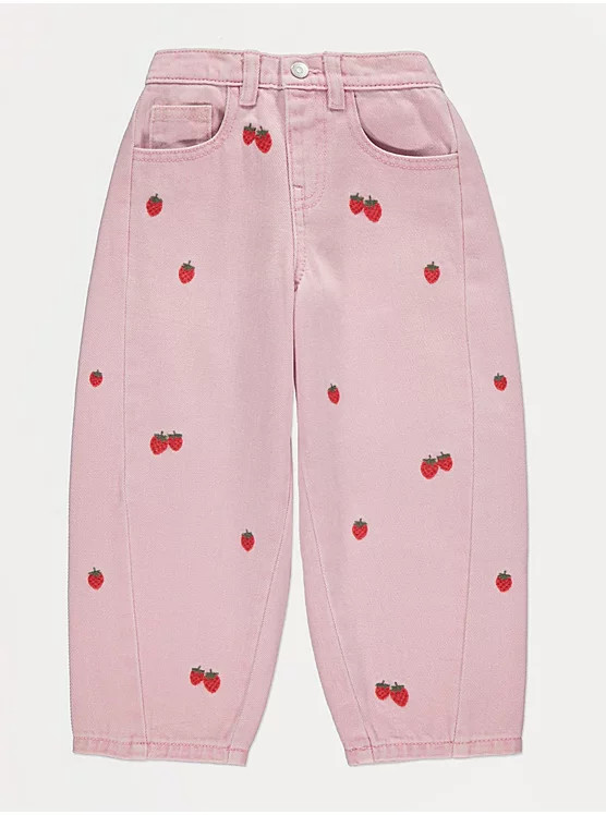 Pink Strawberry Embroidered Barrel Leg Jeans | George