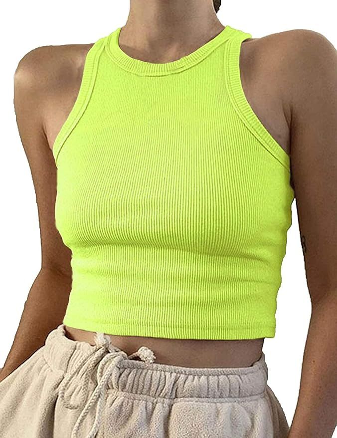 Artfish Women Casual Basic Sleeveless High Neck Rib-Knit Front Racerback Crop Tank Top Neon Lime ... | Amazon (US)