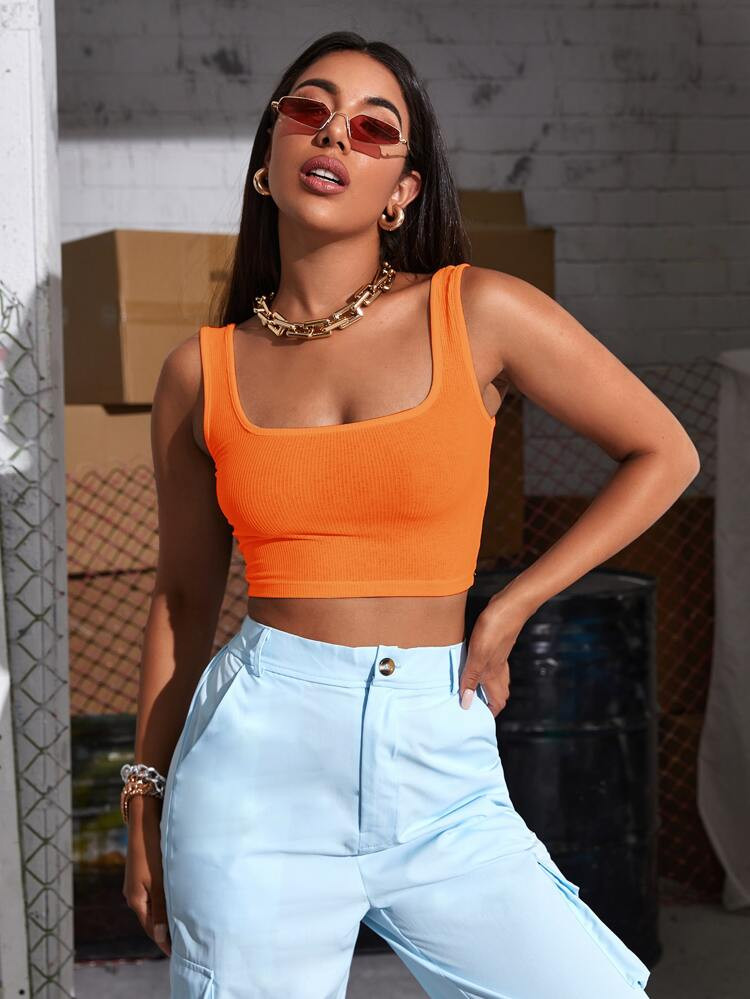 Square Neck Rib-knit Crop Tank Top | SHEIN