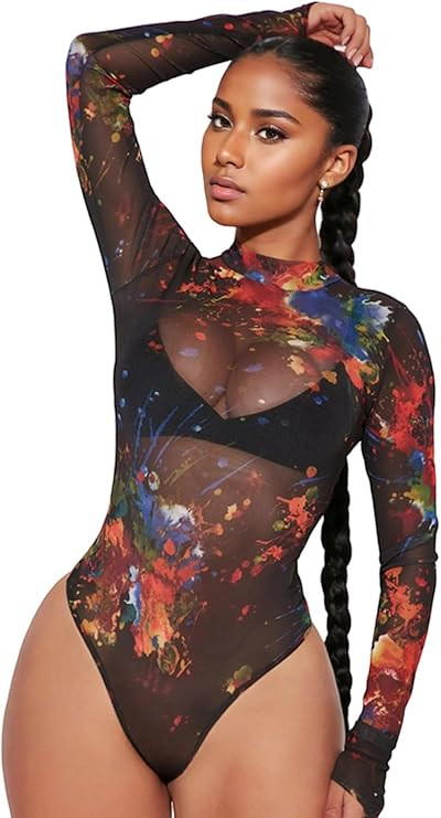 Women's Printed Mesh Long Sleeve Bodysuit, Sexy One Piece with Mock Neck Snap Crotch Leotard Top | Amazon (US)