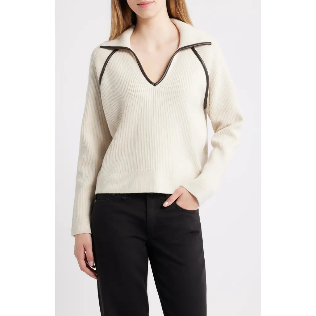 rag & bone Caterina Faux Leather Piped Trim Polo in Ivory at Nordstrom, Size X-Small | Nordstrom