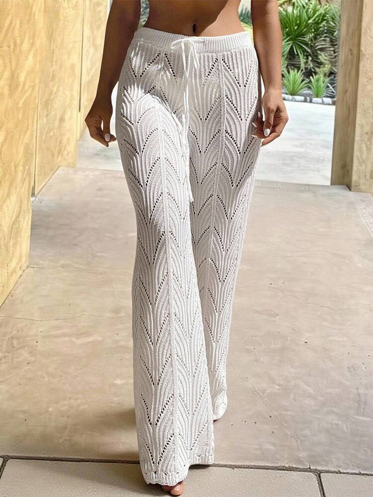 Swim Vcay Summer Beach Drawstring Waist Pointelle Knit Cover Up Pants | SHEIN