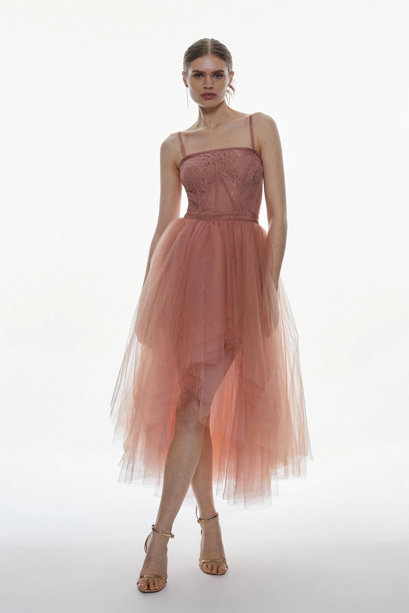 Lace And Tulle High Low Belted Midi Dress | Karen Millen UK + IE + DE + NL