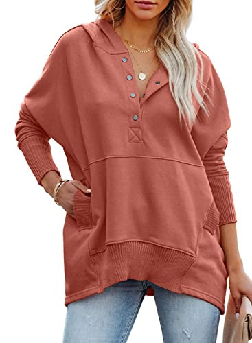 PRETTYGARDEN Womens Long Sleeve Casual Button V Neck Hoodies Oversized Pullover Sweatshirt Loose Hooded Tops with Pockets (Orange Pink,Medium) | Amazon (US)