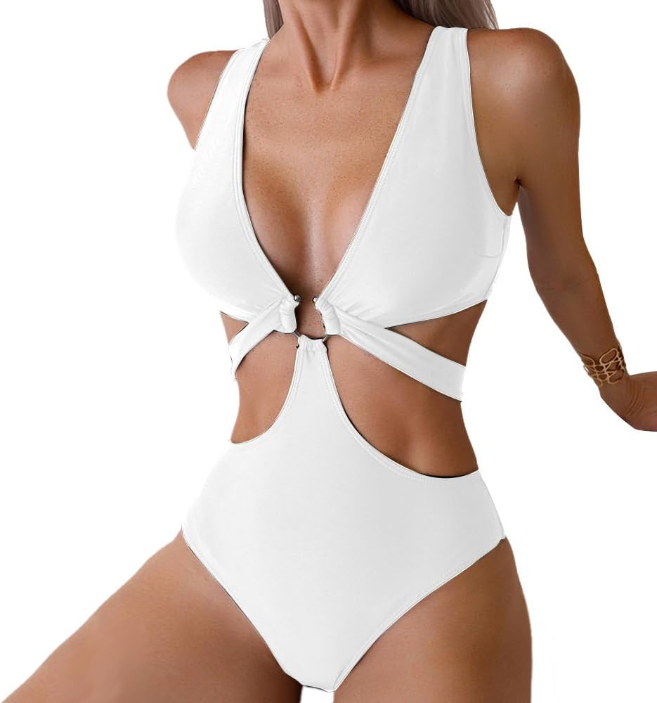 Women's Deep V Neck One Piece Swimsuit O-Ring Swimwear Sexy Cut Out Bathing Suit | Amazon (US)