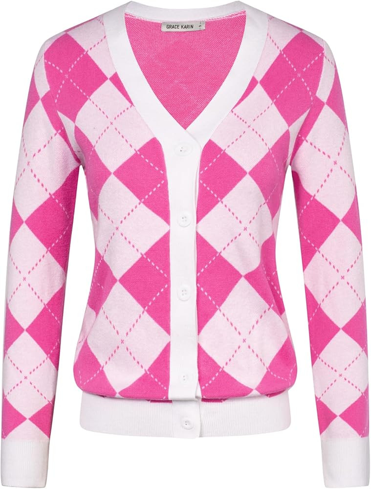 Womens Argyle Preppy Cardigan Sweater Casual V Neck Button Down Knit Cardigan Color Block Shrugs ... | Amazon (US)