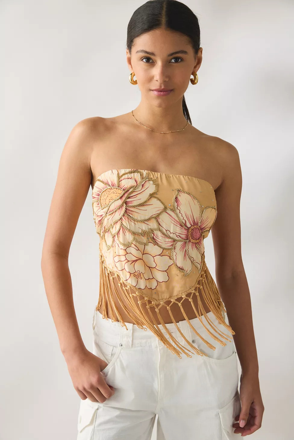 UO In The Rain Beaded Embellished Fringe Tube Top | Urban Outfitters (US and RoW)