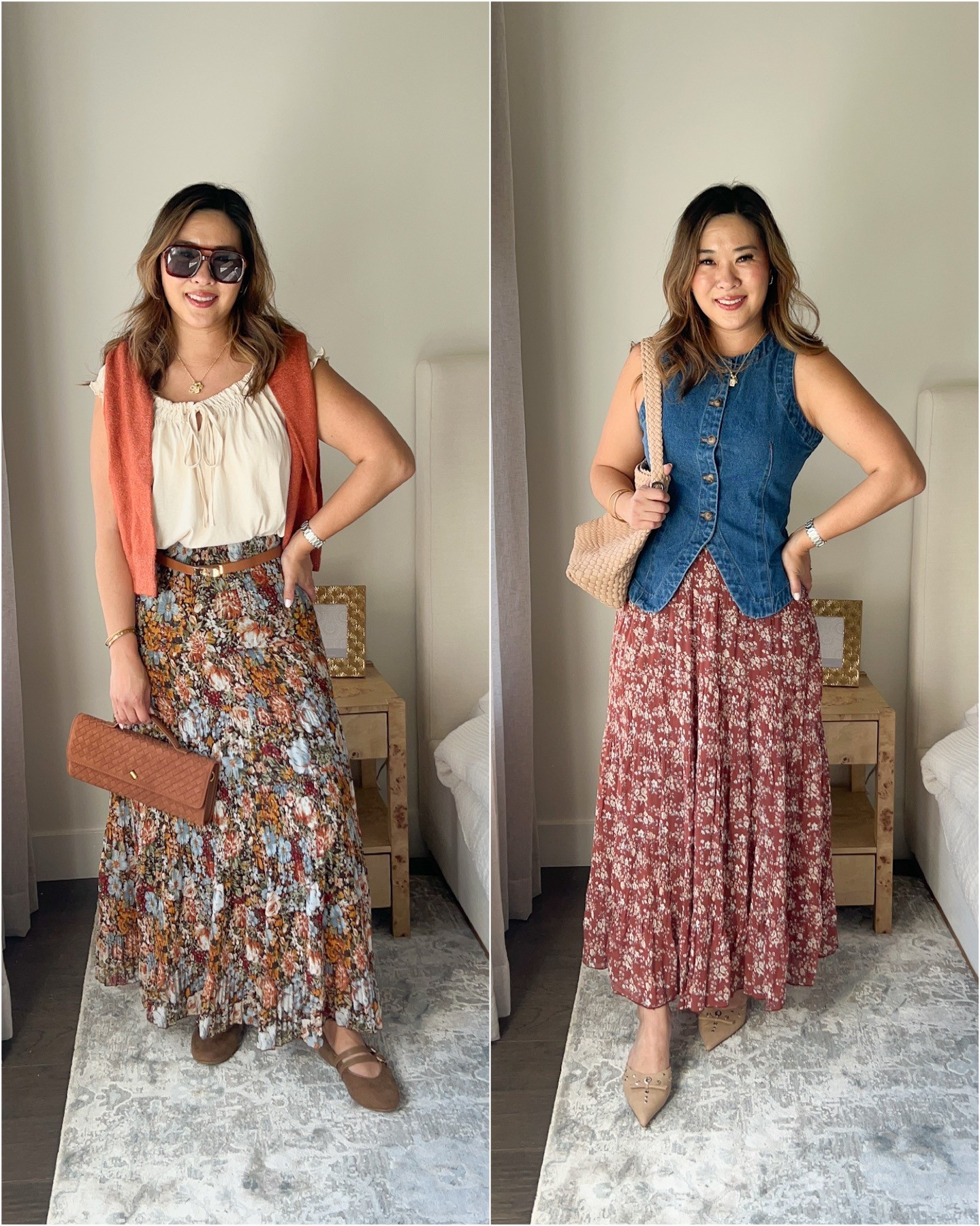 Amazon Floral Maxi Skirt
Ruffle Tie Top: Small
Floral Skirt: Small (prefer Medium)
Vest: Medium
Brown Floral Skirt: Medium 