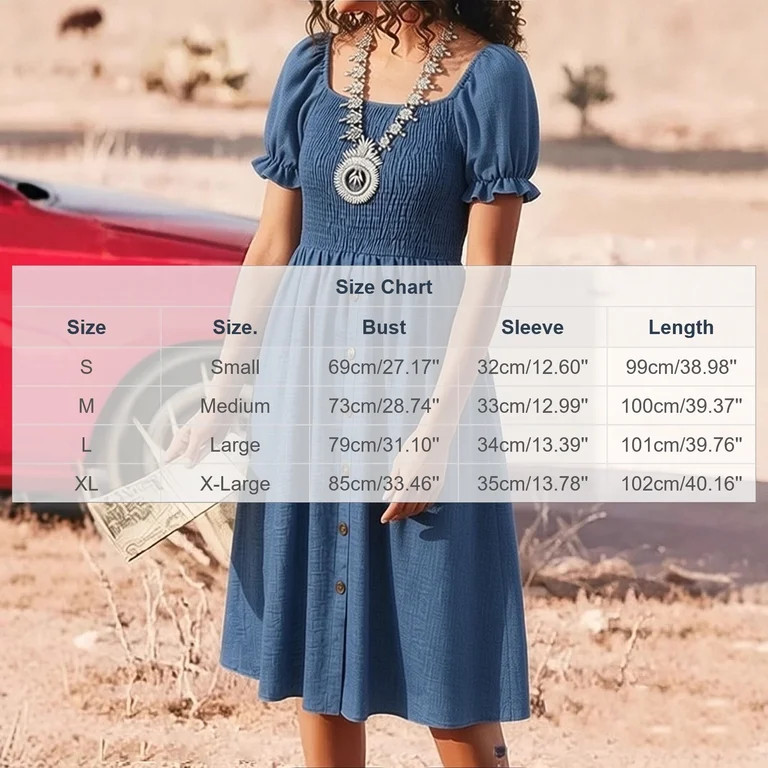 ClodeEU Women's Square Neck Puff Sleeve Denim Midi Dress,Casual Smocked Waist A-Line Sundress Blu... | Walmart (US)