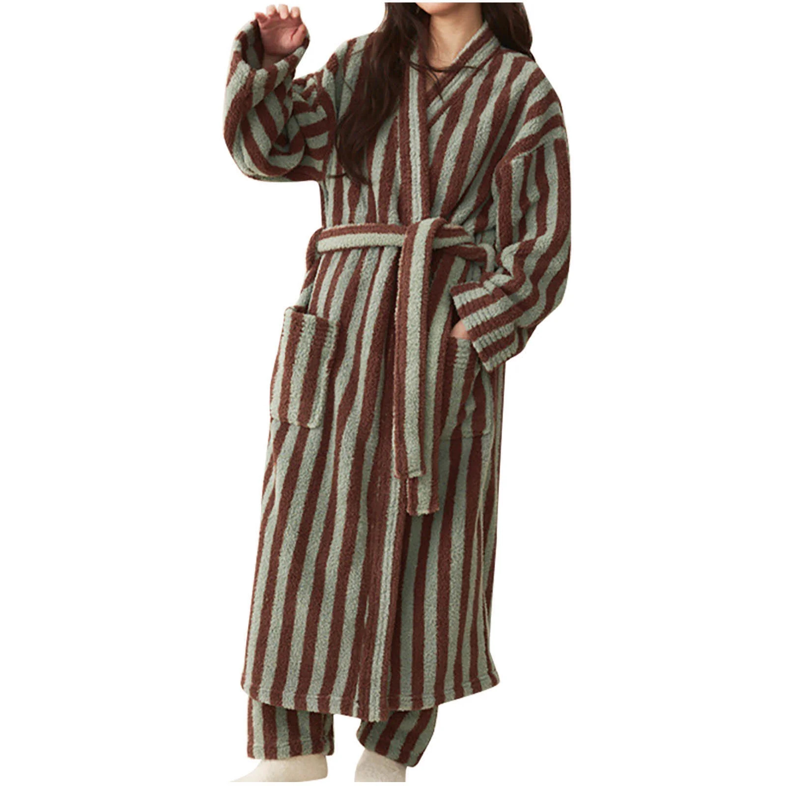 TEAJOPSUU Plush Bathrobes for Women Stripe Lace Up Sleepwear Winter Thickened Robe Fleece Long Lo... | Walmart (US)