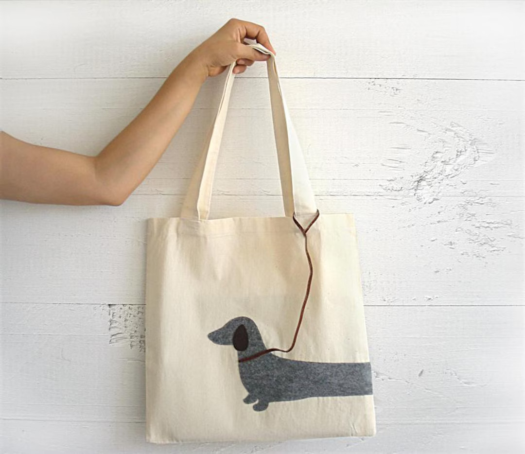 Handmade Tote Bag With Cute Felt Dachshund, Dog Lover Totes, Canvas Shopping Bag With Wiener Dogs... | Etsy (US)