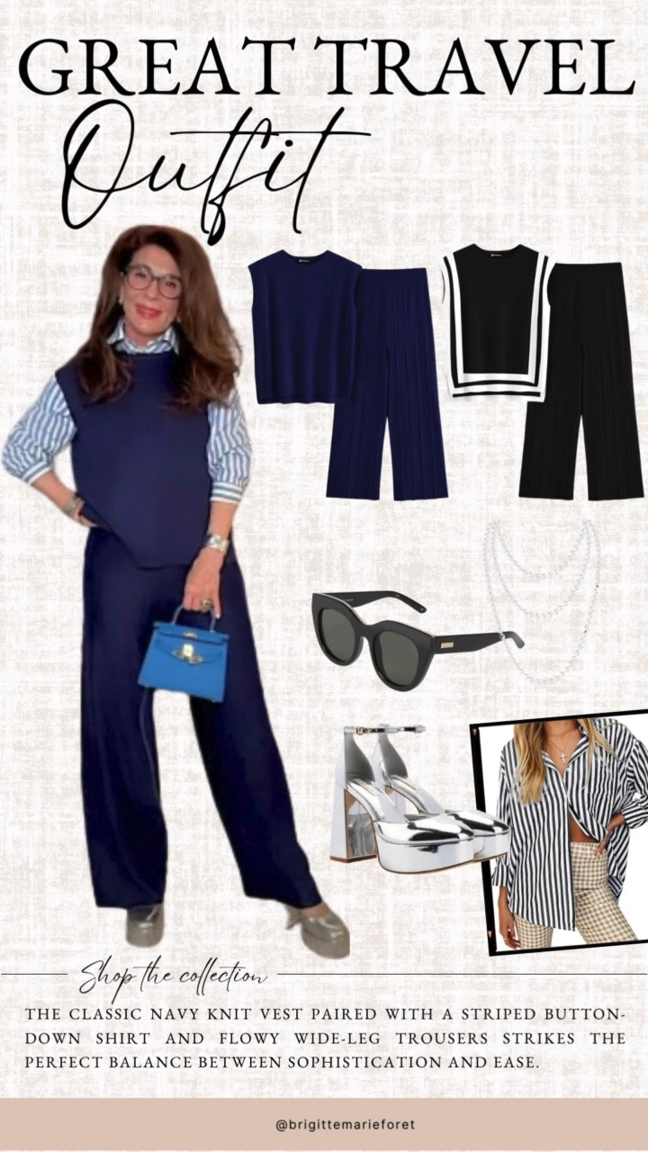 The classic navy knit vest paired with a striped button-down shirt and flowy wide-leg trousers strikes the perfect balance between sophistication and ease.


#LTKTravel #LTKStyleTip #LTKSeasonal