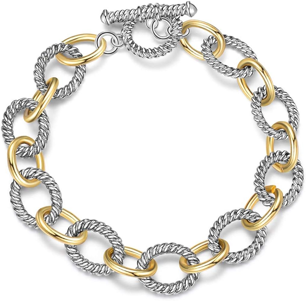 Mytys Link Bracelet Two tone Circles Chain Silver and Gold Wire Cable Bangle Designer Inspired Br... | Amazon (US)