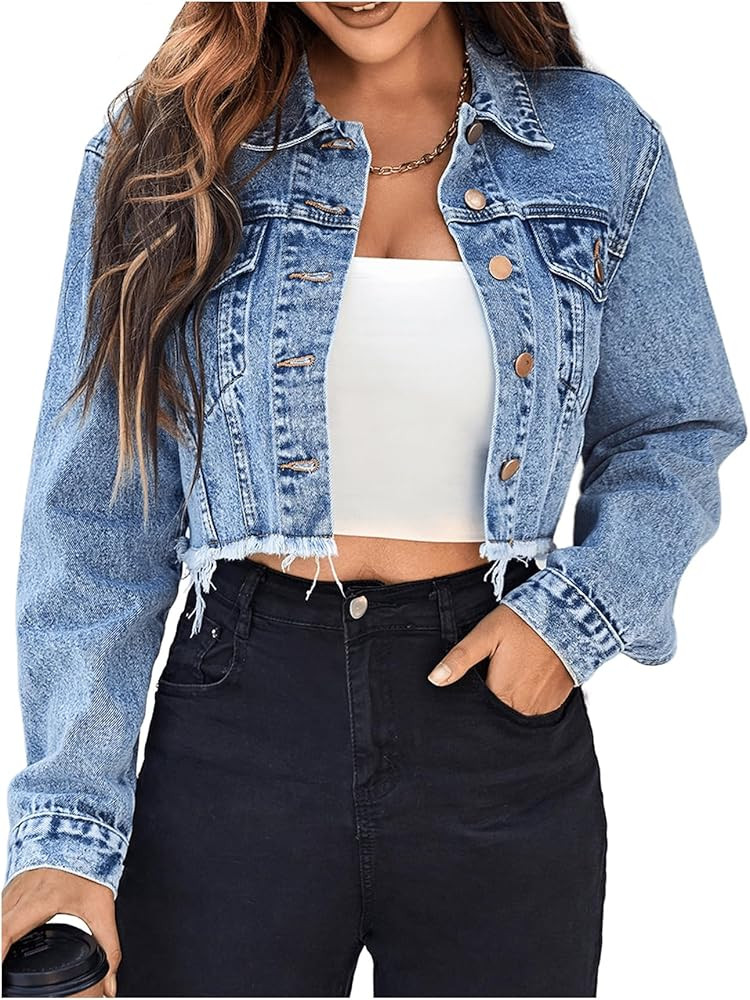 Floerns Women's Raw Hem Long Sleeve Button Down Pocket Cropped Denim Jean Jacket | Amazon (US)