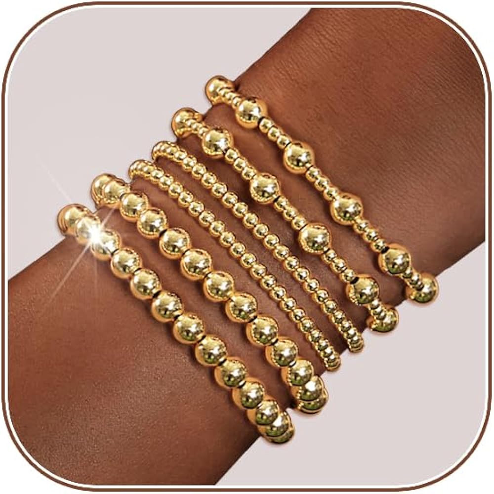 Gold Bracelets for Women 14K Gold Plated Stackable Bead Ball Bracelet Set Stretch Gold Beaded Bra... | Amazon (US)