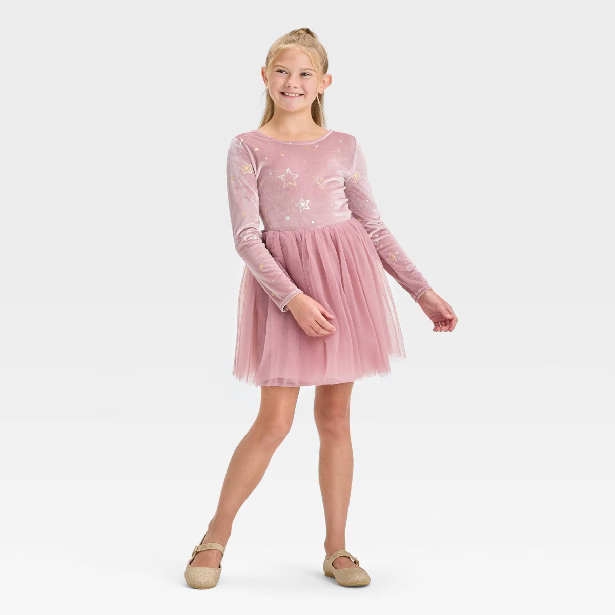 Girls' Long Sleeve Star Velour Tulle Dress - Cat & Jack™ Dusty Pink XS | Target