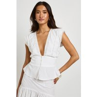 boohoo Women's Embroidered Lace Button Front Top in White | Size: 2 | Denim/Cotton/Polyurethane | boohoo (US & Canada)