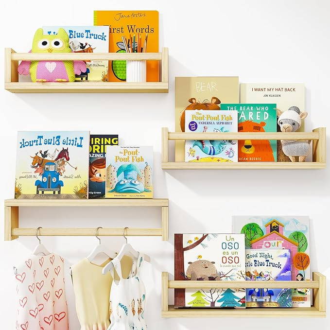 Fixwal Nursery Book Shelves, 16.5 Inch Floating Nursery Bookshelves, Set of 4, Solid Wood Wall Mo... | Amazon (US)