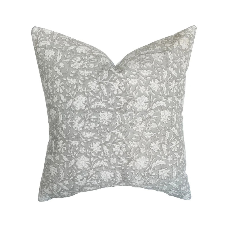 Amelia | Gray Floral Handblock Pillow Cover | Linen and James
