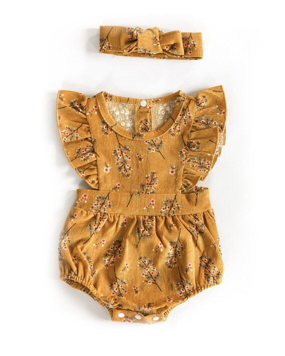 Mustard Floral Baby Romper Summer Baby Girl Romper Ruffle - Etsy | Etsy (US)