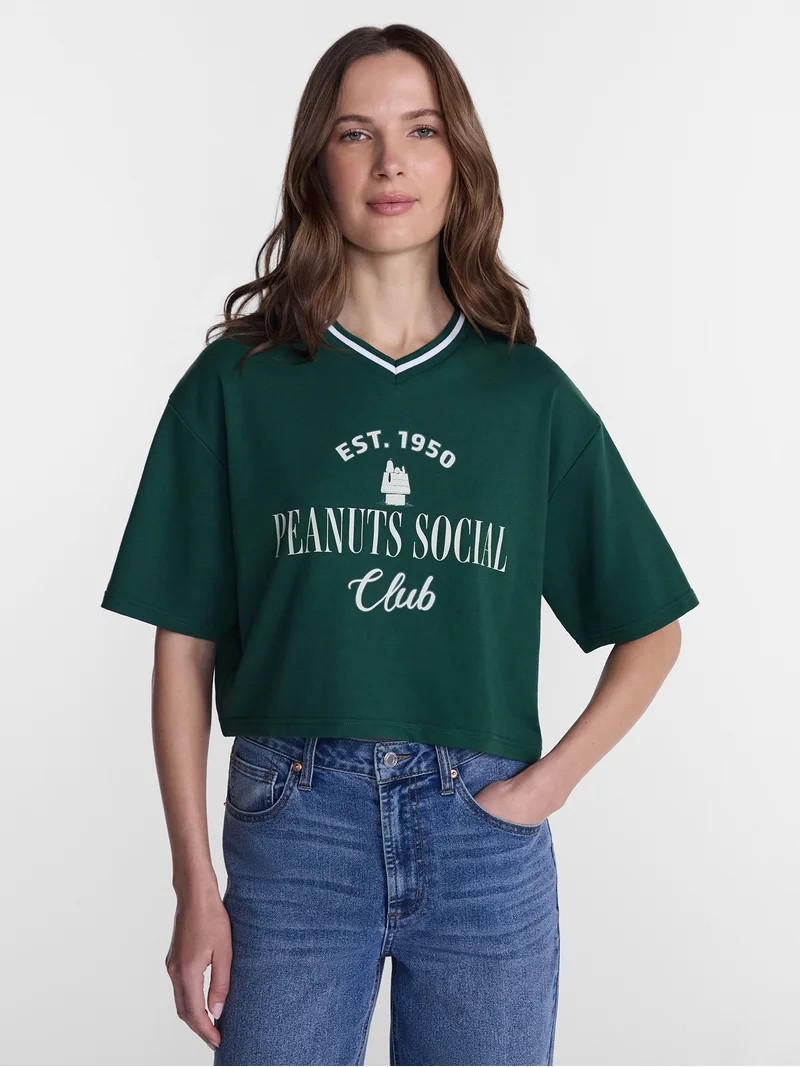 Peanuts Women's Snoopy French Terry Varsity Graphic Tee with Short Sleeves, Sizes XXS-XXL | Walmart (US)