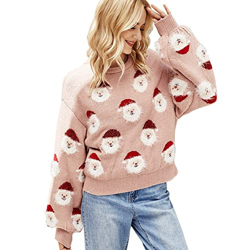 JUNBOON Women's Christmas Sweater Santa Print Pullover Lantern Sleeve Crew Neck Knitted Jumper | Amazon (US)
