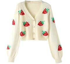MakeMeChic Women's Strawberry Print Long Sleeve Button Down Cropped Cardigan Sweater | Amazon (US)