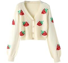 MakeMeChic Women's Strawberry Print Long Sleeve Button Down Cropped Cardigan Sweater | Amazon (US)