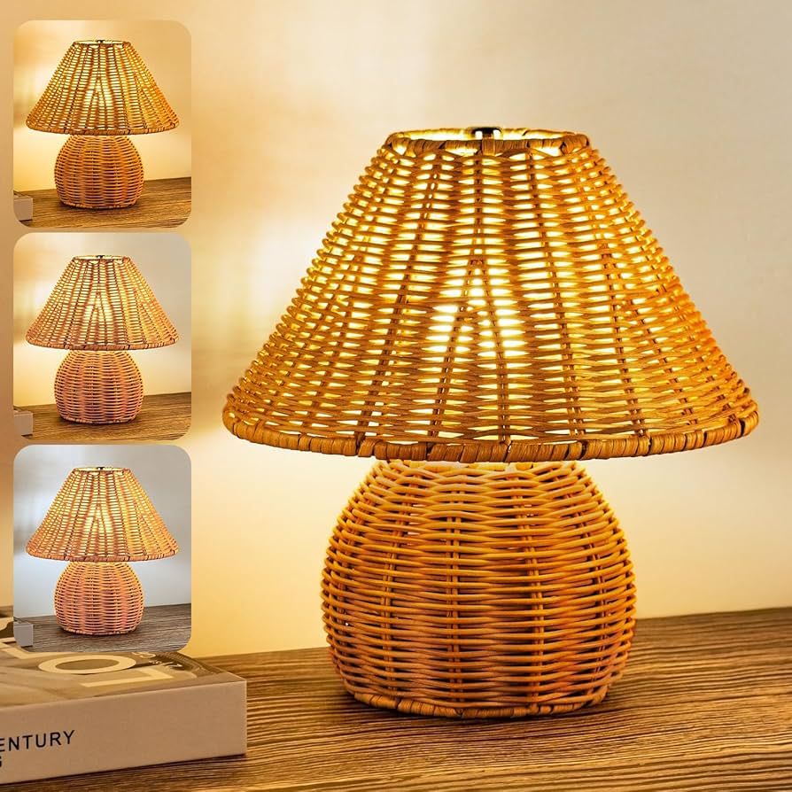 WERFOP Rattan Table Lamp Bamboo Handmade Boho Beside Lamp,3 Colors Adjustable Vintage Wicker Wood... | Amazon (US)