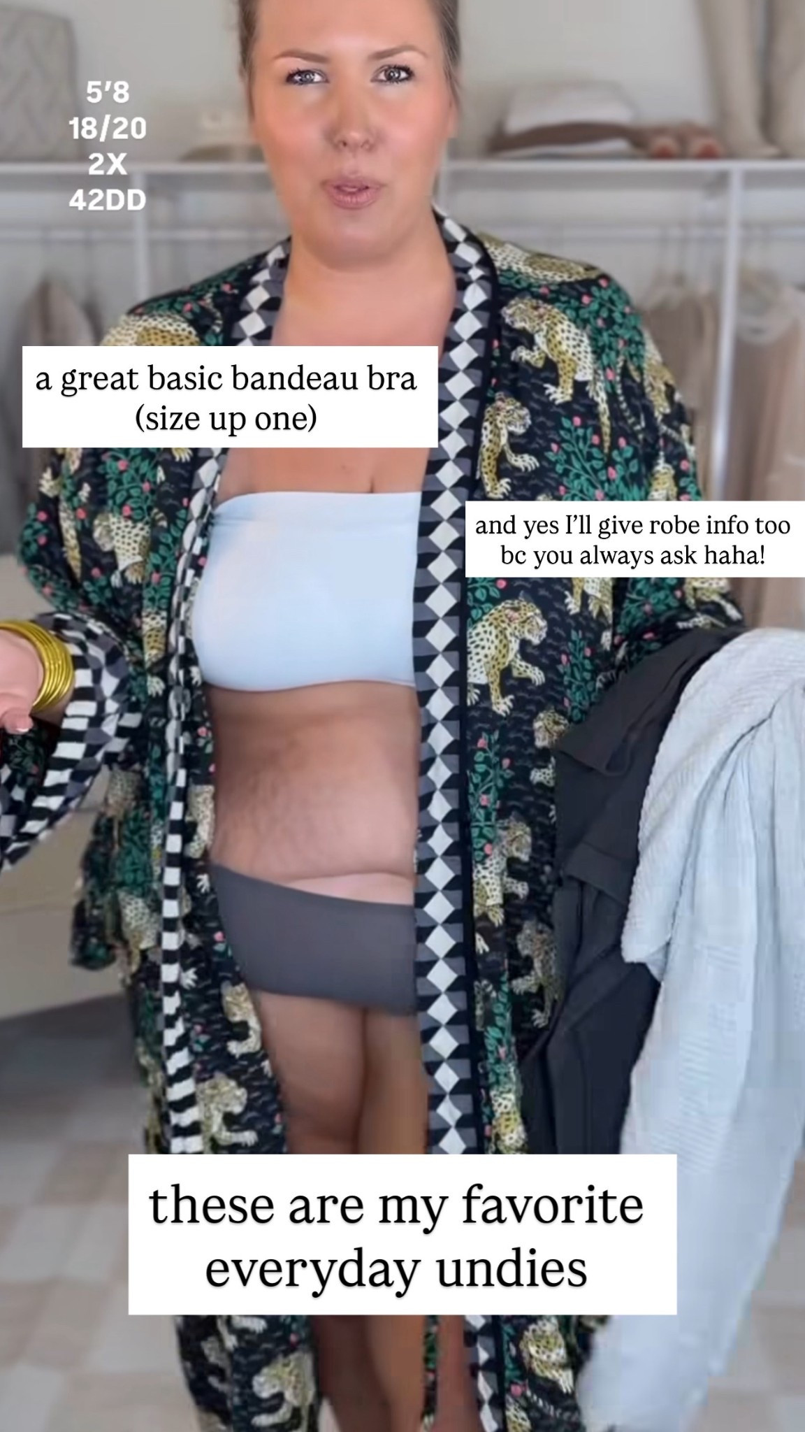 Bandeau bra size up I wear 3X as a 42DD! Undies work great and don’t fall down in one size plus! Robe is 1x-2x! 

#LTKMidsize #LTKOver40 #LTKPlusSize