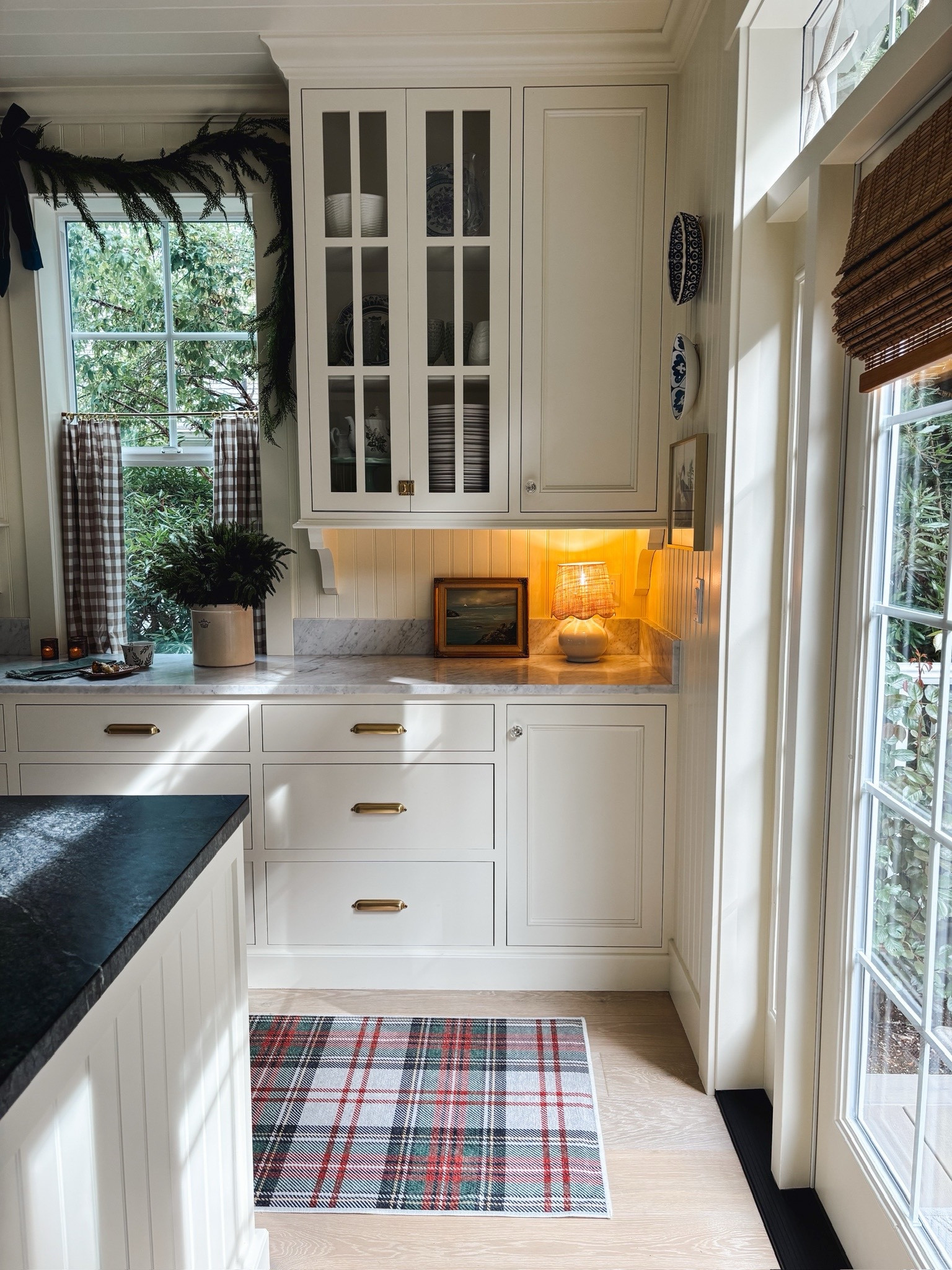 Ruggable plaid machine washable runner rug, bamboo shades, scallop lampshade lamp, garland, cafe curtains, kitchen hardware, garland, faux pine branch, Christmas decor 

#LTKHoliday #LTKSeasonal #LTKHome