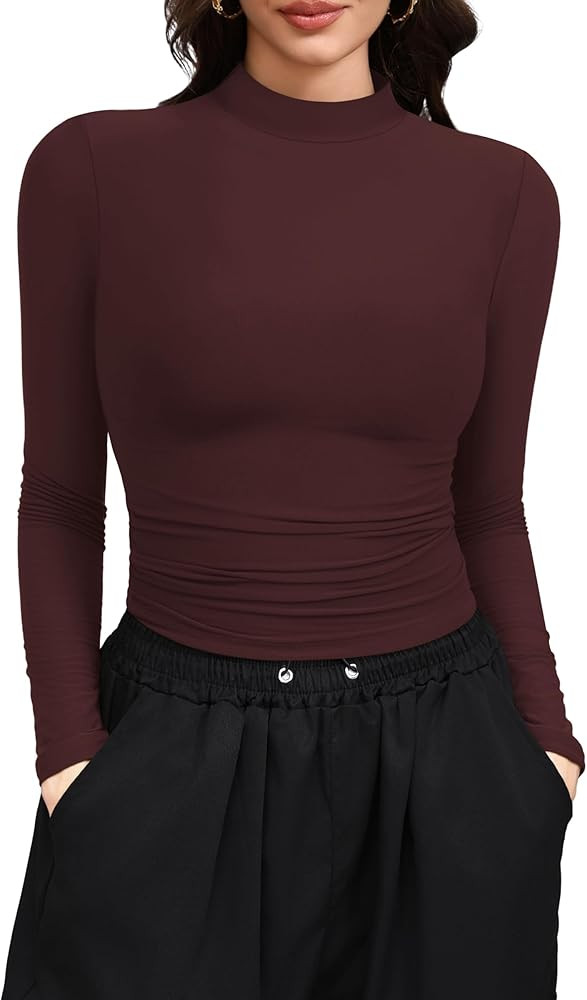 Laughido Women's Mock Neck Long Sleeve Slim Fit Double Lined T-Shirt Casual Basic Crop Tops 2025 ... | Amazon (US)