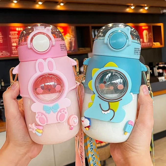 Kawaii Water Bottle with Silicone Straw and Adjustable Strap 3D Stickers and Cartoon Animal Patch... | Amazon (US)