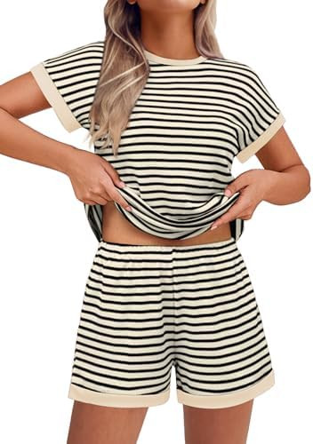 EKOUAER 2 Piece Sets for Women Summer Outfits Cute Stripe Knit T Shirts Shorts Matching Lounge Se... | Amazon (US)