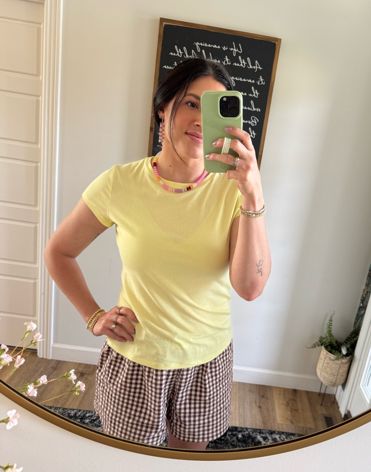 butter yellow and brown gingham are the perfect summer combo! both tshirt and shorts fit TTS 

tshirt: size L 
shorts: size L

#LTKootd #LTKMidsize #LTKmomlife