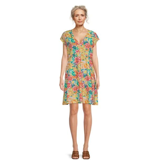 Time and Tru Women's Woven Print Dress with Flounce Hem | Walmart (US)