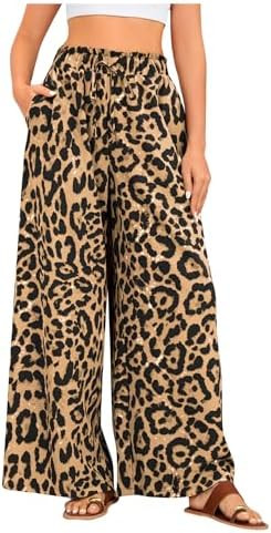 OYOANGLE Women's Leopard Print Elastic High Waist Wide Leg Pants Tie Front Pockets Loose Casual T... | Amazon (US)