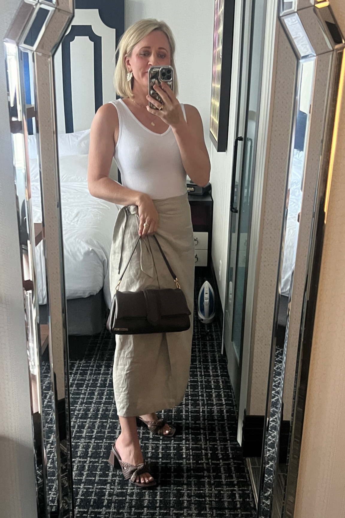 Amazon tank, Amazon shoes, Marc fisher sandals, mango skirt, Jacqumeus bag