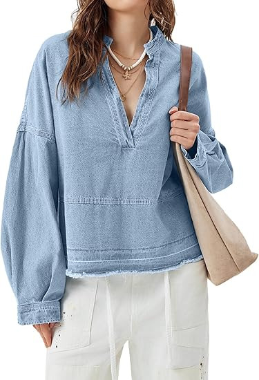 PLNOTME Womens Denim Tops Pullover Trendy Casual V Neck Loose Fit Puff Sleeve Jean Cotton Shirts | Amazon (US)